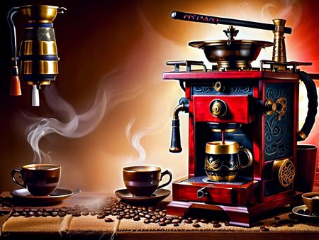 <lora:CulturePunkAI_3:.9> SamuraiPunkAI   coffee machine  Highly detailed, amazing, Impressive lighting, vibrant colors, Ultra Realistic, High quality, Highly detailed, trending on artstation, intricate detailed background