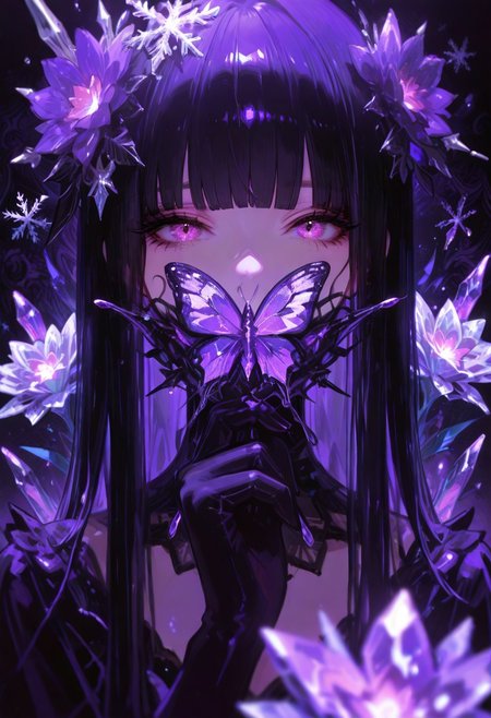 (Theme: Draconic Crystals). masterpiece, newest,absurdres,incredibly absurdres,1girl, solo, bug, butterfly, bangs, black hair, looking at viewer, long hair, blunt bangs, covered mouth, purple eyes, purple theme, eyelashes, flower, pink eyes, snowflakes look like crystals, 
dark_theme,abstract background, 
depth of field,white sphere on the background