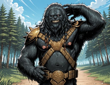 	masterpiece, best quality, amazing quality, male, males only, male focus, , male, solo, armor, belt, black krrsantan, black fur body , claws,  wookiee (muscle gut, puffy nipples )forest, male focus, grass, day time, outside, blue sky, clouds, sweat, outside, looking at viewer, male focus, smirk, close up, side angle, upper body only