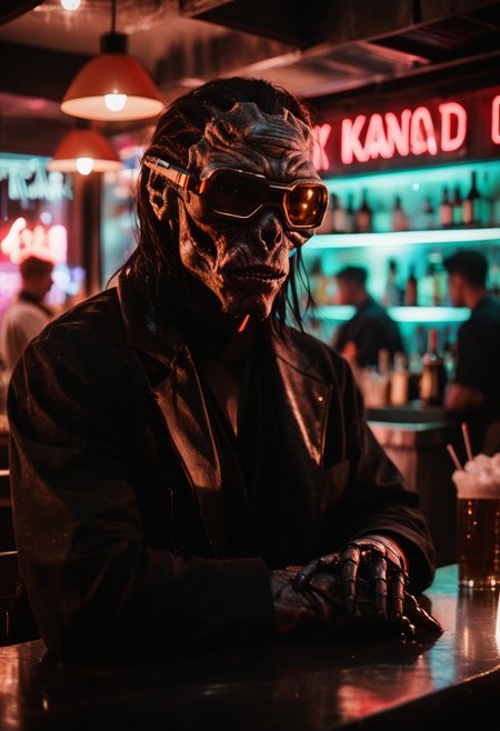 score_9, score_8_up, score_7_up, cyborg, ar3na1989, Kodak Motion Picture Film Style, alien long face, goggles, (neon gold light), bartender, (bokeh), sci-fi, dark atmosphere, moody, dark hair, aesthetic,