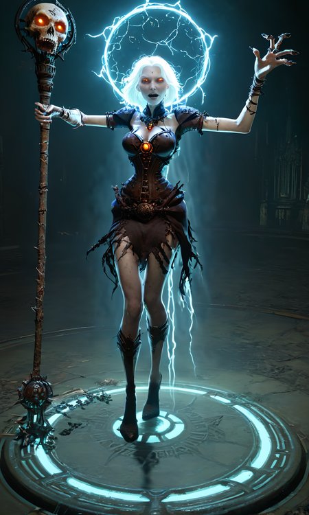a witch using dark powers, doomsdxl, best quality, <lora:doomsdxl:1>, masterpiece, creature, bio-mechanical, rotting flesh, holding staff, pale skin, 1girl, fangs, glowing eyes, hellraiser