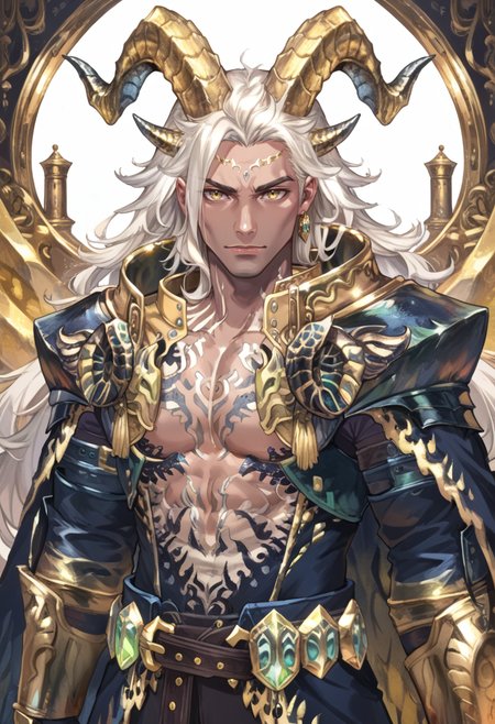 (score_9:0.9),score_8_up,score_7_up,rating_safe,anime style,(zPDXL),<lora:EX Kulve Taroth Alpha male ponyXL v1:0.73>,ex kulve taroth alpha armor,1boy,solo,gold horns,dark-skinned male,gold gauntlets,grey hair,looking at viewer,very long hair,gold pauldrons,male focus,large pectorals,muscular male,upper body,