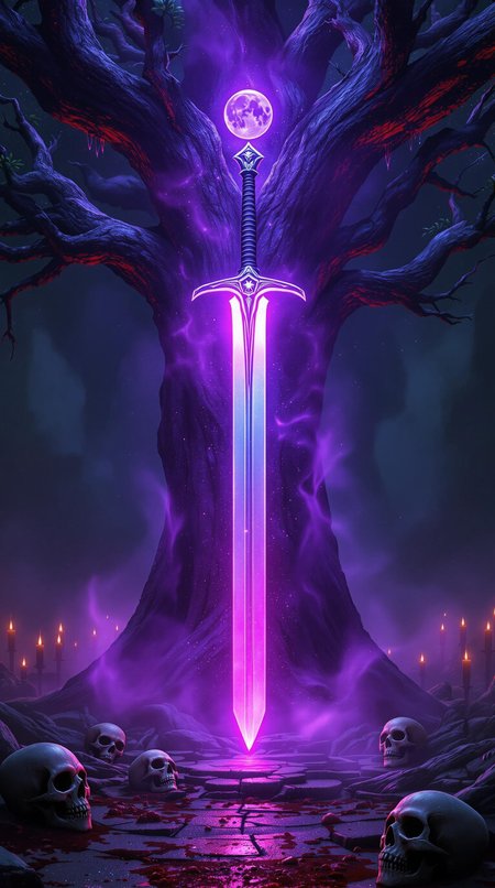 ancient tree, swords in stone, vertical position of sword, glowing sword, violet glowing, kneeling knight, ritual, close up, mysterious fog around the sword, the fog glows , runes glow red dim light, glass of blood, sculls, moon light, corpses of warriors, skeletons, 4K resolution, photorealistic rendering, using cinema 4D Wide range of colors., Dramatic,Dynamic,Cinematic,Sharp details Insane quality. Insane resolution. Insane details. Masterpiece. 32k resolution. dark, chiaroscuro, low-key