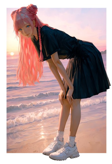 realistic textured painterly, 
(by lch, fugtrup:1.15), cinematic, nose, lips, 
 outside border, white border, border,
full body, 1girl, smile,  black shirt, black skirt, pleated skirt, short sleeves, blue eyes, pink hair, braid, braided bun, double bun,  closed mouth, very long hair, sneakers shoes,  white shoes, white socks,   standing, looking at viewer, hands on own knees, leaning forward, bent over, 
pink background, golden hour, seascape, beach, ocean, waves, horizon, sunset, outdoors,
very awa, best quality, highres, masterpiece,
<lora:nhl-002-nai:0.8>, nhl-002, <lora:nhl-001-20:0.6> , nhl-001,