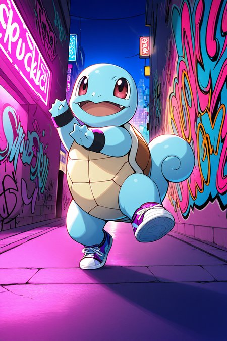 masterpiece, best quality,   <lora:SquirtlePokedexIXL:1.0>,   zzSquirtle,   Hip-hop attire, sneakers, sweatbands, graffiti walls, street corners, dynamic dance poses, vibrant city lights, energetic movement, upbeat vibe