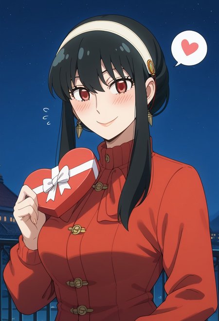 score_9, score_8_up, score_7_up, source_anime,  
BREAK,
happy and in love, gentle smile, looking at viewer, Expressiveh, yor briar, black hair, red eyes, sidelocks, hairband, short hair with long locks, white hairband, medium breasts, dress, long sleeves, red sweater, sweater, sweater dress, 1girl, solo, wide hips, blush, text bubble, hearts, 
standing, standing straight, one hand on hip, upper body, portrait, holding a heart-shaped gift box, 
night, in a luxurious palace rooftop near the beach, outdoors,
