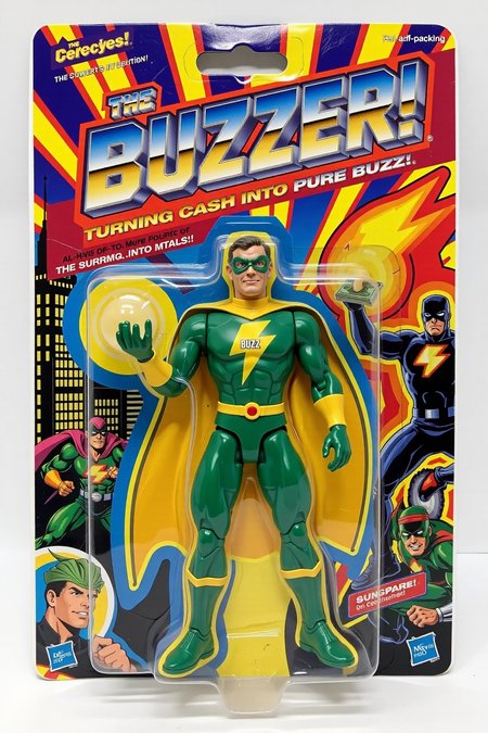An unopened action figure package featuring "The Buzzer," a superhero who has the power to turn money into buzz. The action figure stands proudly in the package, wearing a sleek green and gold suit with the word "Buzz" on his chest and a stylized lightning bolt symbol on his cape. In one hand, he holds a glowing "buzz" energy orb, while the other hand clenches a wad of cash that is transforming into a glowing buzz cloud. The packaging is colorful and bold, with comic-style illustrations of "The Buzzer" in action on the sides. The name "The Buzzer" is written in big, bold, metallic letters at the top, with the tagline "Turning cash into pure buzz!" above. The background inside the package is a cityscape, reinforcing the superhero theme with a ral-afpacking logo at the top-left corner.  <lora:ral-afpacking-flux:1.0> <lora:schnell_v1.0:1.0>