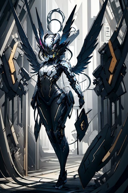 1girl,blue eyes,halo,wings,angel wings,full body,<lora:Hellasthetic-v2:1>,<lora:Mechsuit:1>,