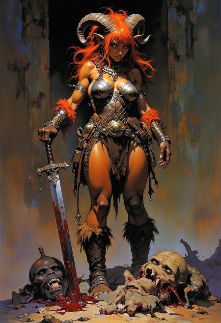 Niji Stan Katayama style Frank Frazetta fantasy oil painting of a fierce female troll warrior wearing chainmail armor, she has frizzy auburn hair and fur, she is standing beside the corpses of her enemies, beside her there is a bloody sword sticking into the ground, she has one hand on top of the swords pommel. The troll warrior is covered in thick red fur, she is extremely tall and muscular, ram horns on top of her head, vicious and fierce with large fangs