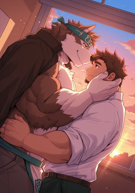 3ch1n, k0k0b001ll, 2boy, male, male focus, bara, ((masculine)), HorkeuKamui, wolf, brown and white fur, furry, yellow eyes, muscular, broad shoulders, thick thighs, huge pecs, headband, jacket over shoulders, pelvic curtain, shirtless,
BREAK
Human, Housamo protagonist, short brown hair, stubble, muscular, large pecs, white button up shirt, 
embracing, in classroom, hands on each others face, looking at each other, size difference,
day, sunset, winter, Japanese classroom, large windows, soft shadows, rays of light, dust particles, blue lighting, contrast, (((dutch angle))), close up view, face focus, upper body only, foreshortening, creative angle,
masterpiece, best quality, absurdres, very aesthetic