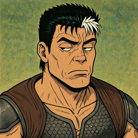 masterpiece, best quality, newest, absurdres, highres, anime, anime style, TSLV1.0, skeptical expression, judgmental look, side-eye, half-closed eyes, tight-lipped, furrowed brow, frown, looking sideways,
1boy, guts_(berserk), spiked hair, muscular male, multicolored hair, black hair, white hair, armor,