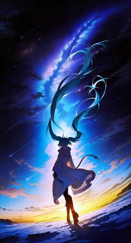 masterpiece, best quality, amazing quality, very aesthetic, absurdres, highres, newest, artwork by (yoneyama mai:0.8) and (Rella:0.8),
1girl, hatsune miku, solo, beautiful detailed face and eyes, beautiful detailed long hair, Wool-blend wrap coat with a waist-cinching belt, designed by Kim Jones,
break
relaxed pose, Fashion Moments, joyful laughter, (three quarter view:1), (from below:0.4), (dutch angle:0.2), fullbody, extended legs, wind effect, floating long long hair, Direct Eye Contact,
break
winter, snow, diamond dust, highlands, lakes, starry sky, nebulae, Milky Way, shooting stars, intricate background, beautiful scenery,
break
Professional fashion editorial feel, elegance, ethereal, highly detailed, ultra detailed, insanely detailed, fine texture, crisp detail, crisp edges,  cinematic haze for a delicate yet detailed effect, Rembrandt lighting with soft shadows, subtle haze surrounding the model, depth of field, bokeh,
<lora:748cmSDXL:0.5>, <lora:GBF_Illustrious:0.6>, <lora:illustrious_all_rated_v1:0.7>, <lora:ponyv5_noobV065S_1_adamW:0.7>, <lora:MeMaXL4:0.7>, <lora:Hair_floating_up:0.7>,