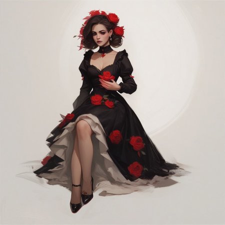 score_9, score_8_up, score_7_up, 
(a valentine's card in victorian style), 
full body picture, one woman, melancholy picture of a pretty young woman mourning her lost love,
(twilight), melancholic mood, a field of red roses in the background, red and pink colors,