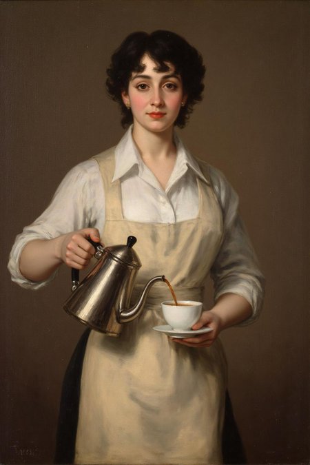 g0ya1 painting
A young woman with classic British makeup, bold eyeliner and red lipstick, stands confidently in a crisp white dress shirt and a neat apron. She is gracefully pouring coffee from a sleek coffee kettle into a cup she's holding in her other hand. Her expression is focused but relaxed, embodying a sense of elegance and charm in her routine.  <lora:g0ya1_cap_d6a3:1.0><lora:815812910556356004:0>