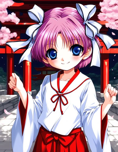 score_9, score_8_up, score_7_up, source_anime, rating_explicit, BREAK  <lora:Kago_Noa_Ver2.0_XL:0.8> KagoNoa, pink hair, purple hair, blue eyes, hair ribbon, white ribbon, short hair,  short stack,
japanese white clothes, miko, red hakama, shrine, cherry blossom,
smile,
looking at viewer, 
cowboy_Shot,