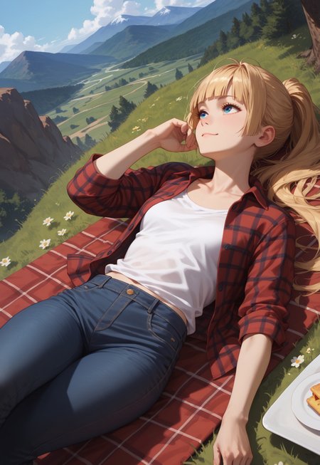 safe_pos, (score_9, score_8_up, score_7_up), 
dutch angle, 
1girl, solo, blonde hair, blue eyes, long hair, hime cut, bangs, small breasts, windy hair, ponytail, ass, (reclining, on back, from above, relaxed:1.3), collarbone, picnic, 
flannel shirt, red flannel, white t-shirt, unbuttoned, jeans, 
BREAK, mountain trail, cowboy shot, looking up, slight smile