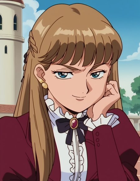 score_9, score_8_up, score_7_up, source_anime, <lora:relena-peacecraft-s1-ponyxl-lora-nochekaiser:1>, relena peacecraft, long hair, bangs, blue eyes, brown hair, half up braid, mature female, retro artstyle, anime screencap, long sleeves, bow, ribbon, jewelry, jacket, earrings, bowtie, puffy sleeves, red blazer, red skirt, pleated skirt, center frills, long skirt,, head rest, smug, mosque, dome, prayer, holy, architecture, cowboy shot, solo, looking at viewer, solo focus