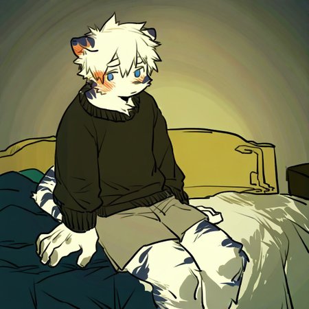 ((milkytiger)), white hair, blue eyes, tiger, furry, black sweater, gray shorts, 1boy, solo, sitting, in bed, shy, blush