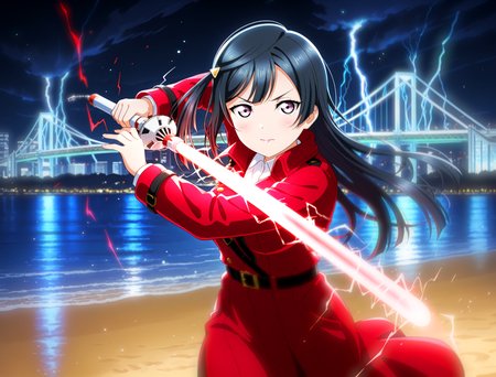<lora:Koto-Umi-Riko-Shizu-Setsu-LLAS-IllustriousXLV01-V1:1> <lora:sdxl-boldline:-0.5> <lora:sdxl-flat:0.5>
<lora:Rainbowbridge-IllustriousXLV01-V1:1> <lora:impaling:1:lbw=MIDD:stop=14>
llas, masterpiece, very aesthetic, absurdres, best quality, newest, perfect anatomy, perfect lighting, anime coloring BREAK
(depth of field, blurry background:1.2) BREAK
1girl, solo, looking at viewer, cowboy shot BREAK
yuki setsuna BREAK
big pupils, (detailed eyes:1.2), large breasts, lips, serious, v-shaped eyebrows BREAK
red coat, (red lightsaber, holding lightsaber), (impaling, red aura:1.4), (electricity, lightning:1.2) BREAK
rainbowbridge, odaibakaihinkoen, beach, sand, reflective water, night, night sky, black background, dark
