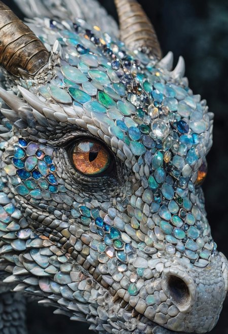 A beautiful portrait photograph of a dragon with diamond and gemstone scales, opal eyes, cinematic, gem, diamond, crystal, fantasy art, hyperdetailed photograph, shiny scales, 8k resolution,