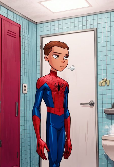 masterpiece,best quality, amazing quality, 1boy, fit, slim body, solo, male focus, P3t3r, 1boy, male focus, anime, brown hair, very short hair, brown eyes, Spiderboy, Bodysuit, Red Bodysuit, Blue Bodysuit, Cl4ss1c, superhero, bodysuit, spider web print, red bodysuit, blue accents, bathroom, lockeroom, foggy, steam, daytime, shower,