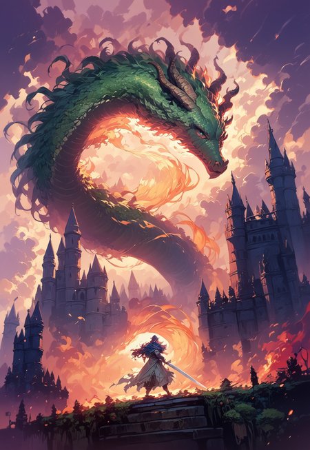 score_9, score_8_up, score_7_up, Ranni, from behind, holding sword, casting spell, elden ring, dutch angle, dynamic pose, battle scene, massive dragon, bosstyle, castle, sea, clouds, fire, flames, side view,