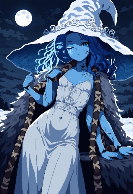 pixel art, 1girl, ranni the witch, blue skin, extra arms, solo, witch hat, small breasts, blue hair, blue eyes, looking at viewer, white dress, large hat, fur cloak, white headwear, long hair, extra faces, jewelry, cleavage, moon, cracked skin, covered navel, sky, dark clouds, snow, leaning to the side, 
masterpiece, best quality, very awa, absurdres
<lora:noobai_epred_11_pixel_art_v1:1>