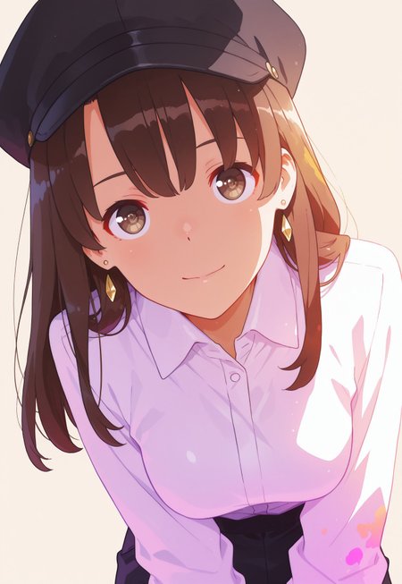 Dynamic angle, Dynamic pose, realistic, Nswf, , portrait, ,, 
 zPDXL3, detailxl,  Score_PnyReal, (lineless:1.5) , 
8K, best quality,masterpiece,amazing quality,ultra-detailed,delicate illustration, best shadows, very detailed, scenery, depth of field, volumetric,  cinematic perspective, hyper-realistic, masterpiece, best quality, amazing quality, highly detailed, very aesthetic, newest , half close-up, sexy pose
 
, simple background, , facing viewer, looking at viewer, leaning forward, close-up, , from above, upturned eyes, close-up,portrait, Colorful themes,High Saturation, , no lineart,no outline,, 

1girl, m3gum1kat0, bangs, brown hair,pupils,brown eyes, collared shirt, earrings, hat, long hair, looking at viewer, portrait,  shirt, solo, white shirt, medium breasts, soft smile, ((detailed eyes))