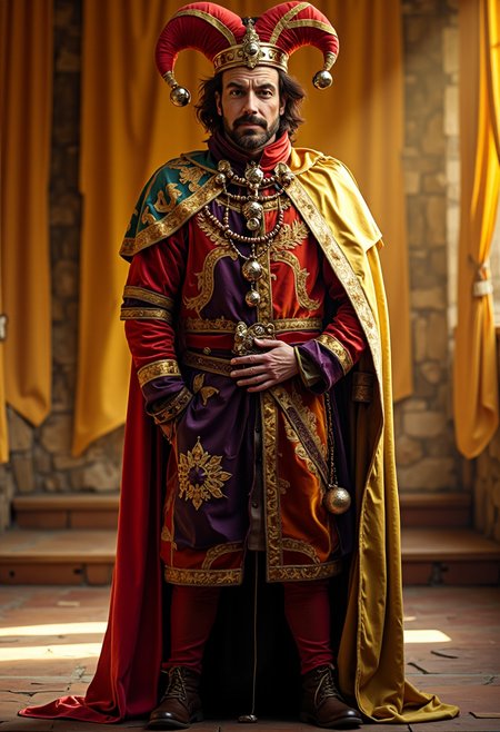King Verence II from Discworld stands proudly in his throne room, a whimsical and contradictory figure dressed as both a king and a jester. His attire splits down the middle: one side is resplendent in royal garb with a gold-embroidered cape, an ornate crown, and luxurious fabrics in deep reds and purples. The other side mirrors the garish colors and playful patterns of a jesterâs outfitâbright reds, yellows, and greens with bells that jingle as he moves. His expression is equally divided, half regal and dignified, the other half hinting at mischief with a slight smirk. Behind him, the grand throne room is illuminated with golden light, large banners hanging from stone walls, casting shadows that enhance the dramatic contrast in his attire. A playful yet solemn atmosphere fills the scene, bringing forth the unique duality of his character.