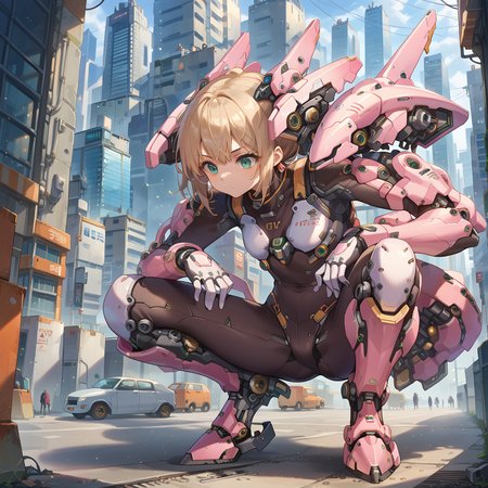 score_9, score_8_up, score_7_up,source_anime,
mechagirl02,
solo,mecha musume, 1girl, bodysuit,mechanical boots, mechanical parts, 
light particles,engine, squatting, valtava, 
city, 
 <lora:roboko-000015:0.7>