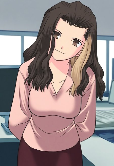 masterpiece, best quality, <lora:Tsukihime NXL:1>,solo,masterpiece, best quality, 
1girl, female focus, large breasts,  solo, brown eyes, brown hair, dark brown hair, black hair, blonde streaks in hair, multi-colored hair, long hair,wavy hair, hair part, side part, hair slicked back, small mouth, short nose, small nose, cute face, 
indoor, office, head tilt, hands behind back, leaning forward, quarter view,  innocent smile, 
computer,