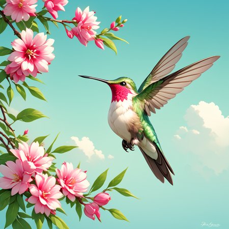 <lora:Ars_Niji_Style_SDXL:1> ArsNijiStyle, Hummingbird, The image is a digital illustration of a hummingbird perched on a branch of pink flowers. The hummingbird is in mid-flight with its wings spread wide and its body slightly tilted to the side. The wings are a vibrant green color with a hint of pink and its beak is a bright red. The branch is covered in pink and white flowers with green leaves and stems. The background is a light blue sky with white clouds. The overall mood of the image is peaceful and serene., no humans, bird, animal focus, flower, branch, blurry, pink flower, depth of field, animal, flying