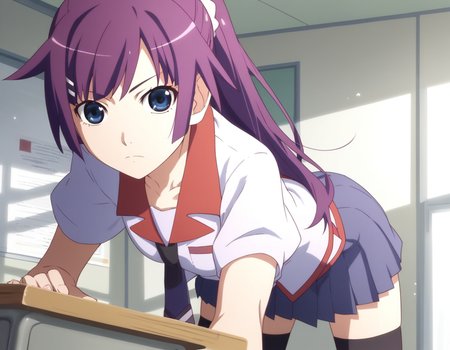 score_9, score_8_up, score_7_up, source_anime,
hitagisenjougahara, <lora:hitagi-senjougahara-anime-ponyxl-lora-nochekaiser:1>,
hitagi senjougahara, long hair, bangs, ponytail, sidelocks, scrunchie, blue eyes, purple hair,
skirt, thighhighs, school uniform, necktie, black thighhighs, zettai ryouiki, naoetsu high school uniform,
indoors, classroom, bent over,
looking at viewer, cowboy shot, dutch angle,