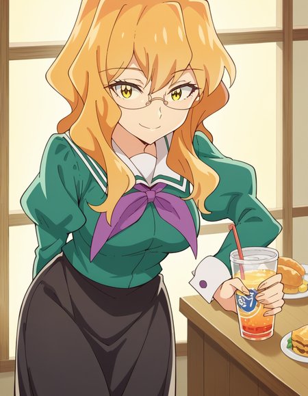 score_9, score_8_up, score_7_up, source_anime, <lora:sumika-chibana-s1-ponyxl-lora-nochekaiser:1>, sumika chibana, long hair, blonde hair, yellow eyes, glasses,, skirt, long sleeves, school uniform, puffy sleeves, serafuku, purple neckerchief, green shirt, black skirt, long skirt,, izakaya, drinks, food, stools, social, smile, hands behind back, bent over,, looking at viewer, solo,, dutch angle, cowboy shot