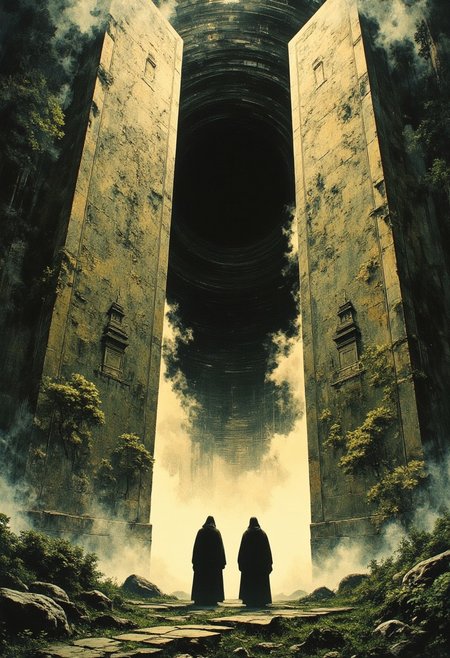 Two mysterious figures standing before a colossal ancient gate split open, revealing a dark, swirling void within. The gate is intricately carved with ornate patterns, depicting serene trees and pagodas on either side, illuminated by a soft golden glow. The atmosphere is shrouded in mystery, with faint mist rolling along the ground and lush greenery surrounding the scene, suggesting a lost, sacred place.