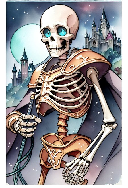 (((anatomical hands))),  skeleton with knight armor standing with a long sword, blue eyes,  score_9, score_8_up, score_7_up, score_6_up, score_5_up, score_4_up,  ((skeleton)), black rusty armor, (((jeweled headband))), stylized brown breastplate, (((whip))), steel sword, ((((whip with handle)))), ((single sword in hand)), ((action pose)), (((((single pauldron))))), metal wristbands, (((((bald))))), ((((castle background)))), bright moon, dark cloudy skies, blu glowing eyes, black sclera, empty eyes, (watercolor painting:2), night, ((spooky backdrop)),, spooky castle behind, bats flying, bones with fissures