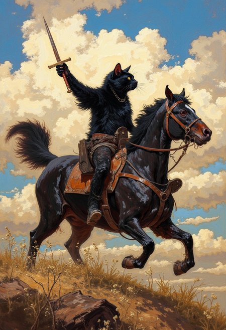 oil painting of a black cat on horseback with a sword pointed to the sky. Text 'God wills it' DB4RZ, DB4RZ style painting