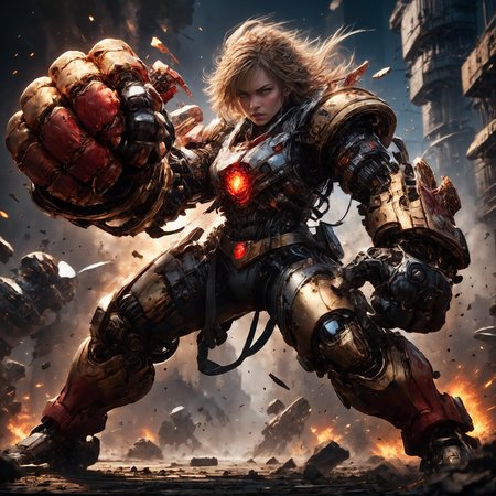amazing quality, masterpiece, best quality, hyper detailed, ultra detailed, UHD, HDR, DOF, depth of field, perfect anatomy, sci-fi,
female, (red hybrid gold) giant mechanical arms, fighting stance, fist, hand up, angry,
glowing, shine, dazzling, war, explosion in background, flame in background, 
<lora:cfc-giant-mechanical-arms:0.7>,
 <lora:ral-vlntxplzn:0.8>, ral-vlntxplzn,
<lora:add-detail-xl:0.85>, 
<lora:EnvyBetterHiresFixXL01:1.0>, 
<lora:extremely_detailed:1.2>, extremely detailed,