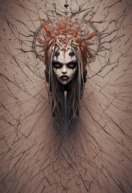 score_9, score_8_up, score_7_up, score_6_up, Dark Beauty, A scary girl, full body, a lone person getting surrounded by an angry mob of people in a circle, surreal illustration, stunning details, Bronze skin, long crazy TigerOrange hair, Wood eyes, a dark and mysterious appearance, facial tattoos, gothic aura.