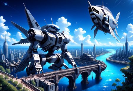 fastenerswm, scenery,building,city,water,cityscape,sky,outdoors,cloud,cloudy sky,bridge,day,ruins,skyscraper,blue sky,ocean,tower,tree,fish, mecha,science fiction,no humans,glowing,retro artstyle,space,star \(sky\),planet,earth \(planet\),space craft,starry sky,weapon,milky way, by advntr,