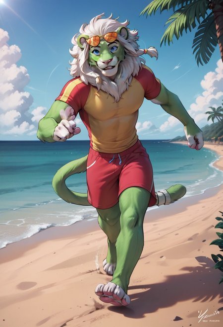 score_9, score_8_up, score_7_up, score_6_up, score_5_up, score_4_up,  highres, detailed face, best quality, 4k, male, green lion, green lion face,  (flue green fur:1), (white mane:1), big mane, white chest, white soles,  pink pads, feet focus, (summer clothes:1.5), (running on beach:1.2), clouds, sunglasses, smiling, dynamic pose, (detailed blue eyes:1), outside, masculine, (smiling:1), (solo), sportive figure, nice body, light effects, (disney art style:1),  (muscular:1.5), cool looking, (5 fingers:1.5)