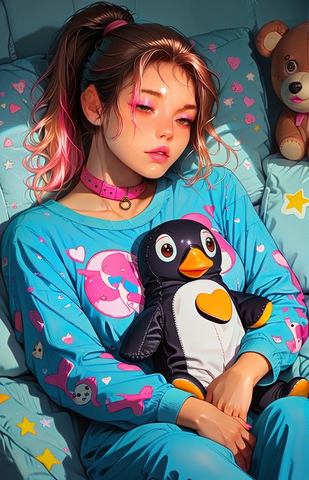 score_9,score_8_up,score_7_up, perfect hands, detailed background, smooth skin, detailed background, ukiyo-e, shiny skin, tiny blue couch, watching tv, wide shot, printed onesie, (cuddle stuffed toy, cuddling stuffed toy), stuffed penguin,
(1 female), brown hair, pink highlights, high ponytail, detailed hair, large breasts, pale pink lipstick, detailed brown eyes, pink glossy eyeshadow, elongated Eyeliner, leather collar, parted lips
<lora:add-detail-xl:1>  <lora:CORE:1> <lora:GarvGirlsPony:1> <lora:Eyes:00.5>  <lora:S1_Dramatic_Lighting_v2:0.7> s1_dram