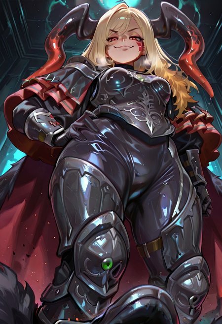 masterpiece, best quality, amazing quality, gloss_(hotglossed), Lhata4564_illu, 
Dark room, low light,  from below, smug, stepping on viewer, perspective,Stepping_onV1, drca, horns, black bodysuit, black breastplate, pauldrons, two tone cape, long fur cape, two tone cape, arm guards, black gloves, short red shoulder capelet, armored boots, single hand on hip,