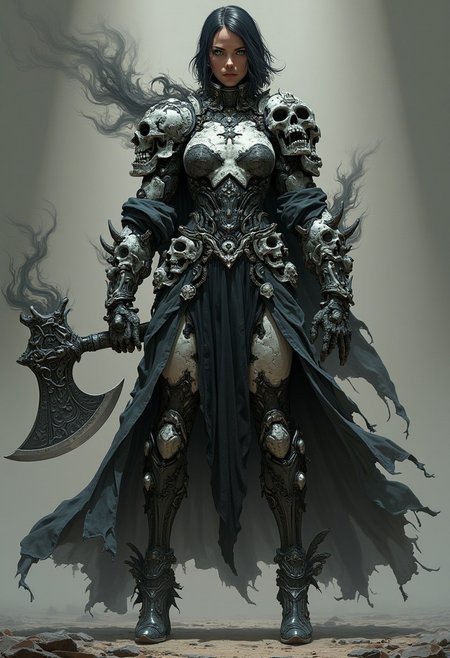 female with marble face, skull arms, dark skin, ((stone golem woman)), strong body, Mature, mature face, 35 years, short black hair, hands holding axe craved with skulls Black flame flows around it, in fighting posture, crazy face, large Blade of darkness, style, octane render, high detailed, ultra realistic, volumetric, pov green eyes, boots high heels, Black battle dress, front view