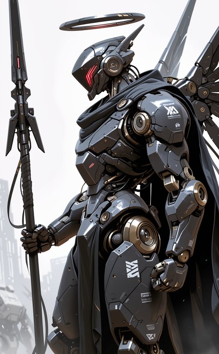 masterpiece, best quality, amazing quality, solo, 1boy, holding, male focus, weapon, wings, holding weapon, cape, armor, halo, from side, no humans, helmet, robot, polearm, clenched hand, mecha, science fiction, spear, black cape, holding polearm, mechanical halo, cyborg, robot joints, humanoid robot, assault visor, mcnm <lora:noobai_ep11_stabilizer_v0.138_fp16:0.3> <lora:NOOB_vp1_detailer_by_volnovik_v1:0.3> <lora:-_iLL_-_the_edgy_mech_V3.0:0.8>