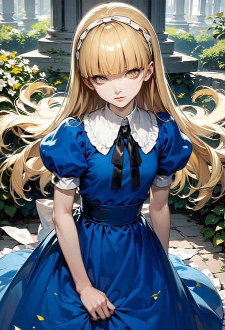 score_9, score_8_up, score_7_up, source_anime, best quality, masterpiece, 
human, female, solo, 
<lora:zs_AliceXL:1> alicesmt, dress, long hair, blonde hair, hairband, blunt bangs, puffy sleeves, blue dress, yellow eyes,
