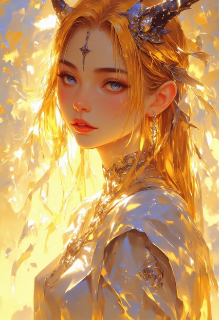 ((Ink style, concept art, anime illustration) anime-style portrait of an elven woman from the waist up, set against a soft, dreamy, abstract background filled with golden haze, glowing particles, and drifting autumn leaves. Her expression is serene and warm, with luminous blue eyes that reflect ancient wisdom. Mystical glowing rune tattoos shimmer softly across her cheeks and forehead. Her long, silky hair flows naturallyâbeginning in a radiant orange and fading gracefully into golden blonde at the tips. She wears a flowing white elven gown adorned with silver and gold embroidery at the shoulders and collar, and sheer veils trailing behind. The lighting is golden-hour soft, with a cinematic glow enhancing her ethereal presence. Focus on fine facial details, anime aesthetic, vibrant color harmony, and magical atmosphere.),  <lora:Elden_Ring_-_Yoshitaka_Amano:0.3>,  <lora:aesthetical:0.9>,  <lora:Midjourney_Lucid_Dreams_FLUX_LoRA-000001:0.7>,  <lora:fantasy-flux-v1:0.8>, <lora:m:0.75>