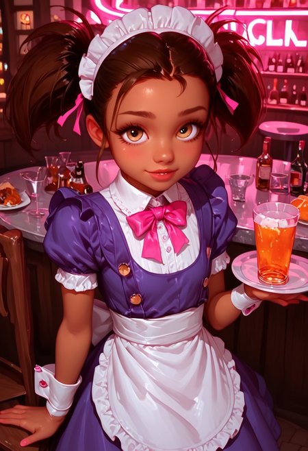 score_9, score_8_up, score_7_up, score_6_up, (g0th1c, glowing, neon lights), high quality, morimee_style, cute face, Expressiveh,  1girl l, solo, (Manon Chamack, short female, tan skin female, brown hair, hair pulled back into two ponytails, two ponytails, golden-brown eyes, two upper front buck teeth, flat chest, (((, maid, purple dress, maid headdress, detached collar,, white frills , flower ribbon, pink arm garter, wrist cuffs))), waitress, waitress job, Tray on hand, tray, smile, happy, joyful, gigantic jar of beer, looking a view, BREAK, bar, club, drinks, alcohol bottles, chairs, tables
