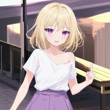 finger suking,1girl,<lora:char-mygoä¸è§åè¯ Misumi Uika (Bang dream! Ave Mujica):0.7:lbw=1,0,0,0,0,1,1,1,1,0,0,0,0,0,0,0,0>,
misumi uika,bright blonde hair,purple eyes,shoulder-length hair,white shirt,short sleeves,light_brown_skirt,flat chest,