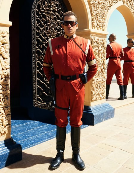 UHD, 8K, ultra detailed, highly realistic photo of UHD, 8K, ultra detailed, full body shot, highly realistic photo of  man wearing sunglasses with red  uniform  ,OverallDetailXL <lora:VTVSeries_SDXL_v1:1>